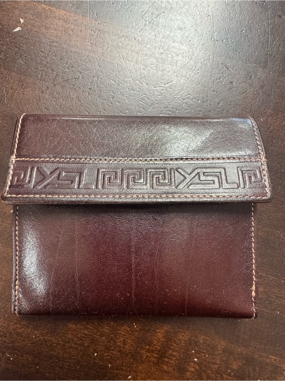 Yves Saint Laurent Brown Leather Snap Wallet with Orange Logo Card VINTAGE - Picture 6 of 6